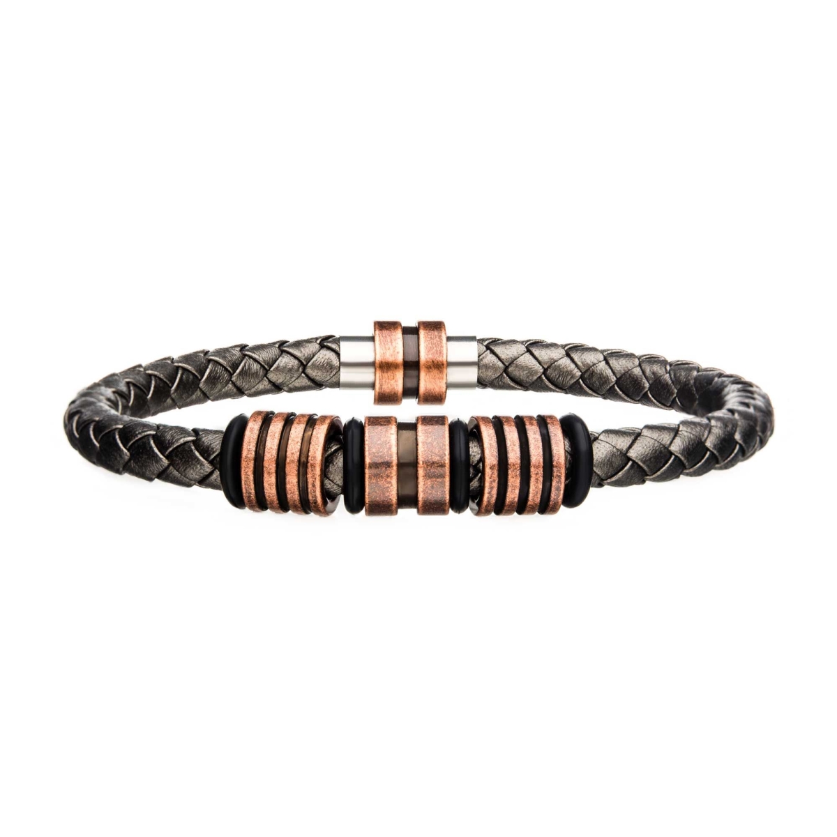 Br27564 8.25 In. Mens Grey Braided Leather Copper Beads Bracelet