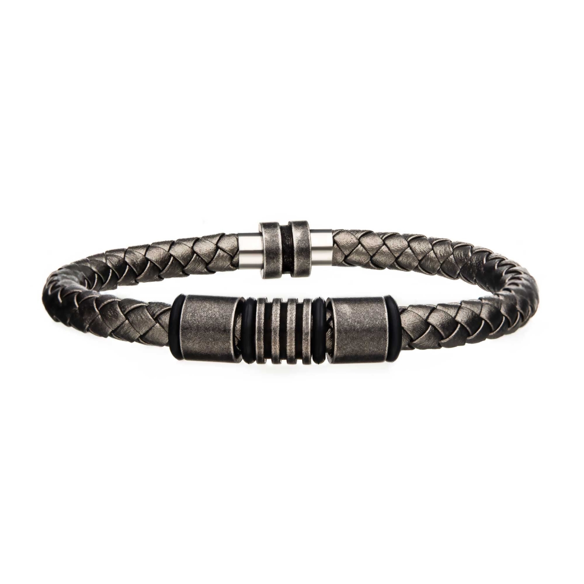 Br27572 8.25 In. Mens Grey Braided Leather Antique Beads Bracelet