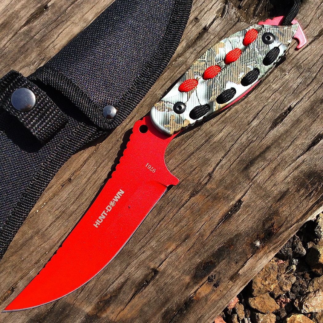 9761 8 in. Hunt-Down Red Hunting Knife with Woodland Camo Handle & Black Red Paracord