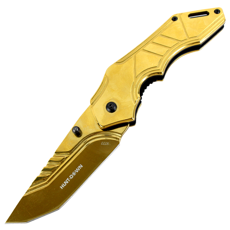 9777 8 in. Hunt-Down Spring Assisted Folding Knife Tactical Rescue Blade & Handle, Gold