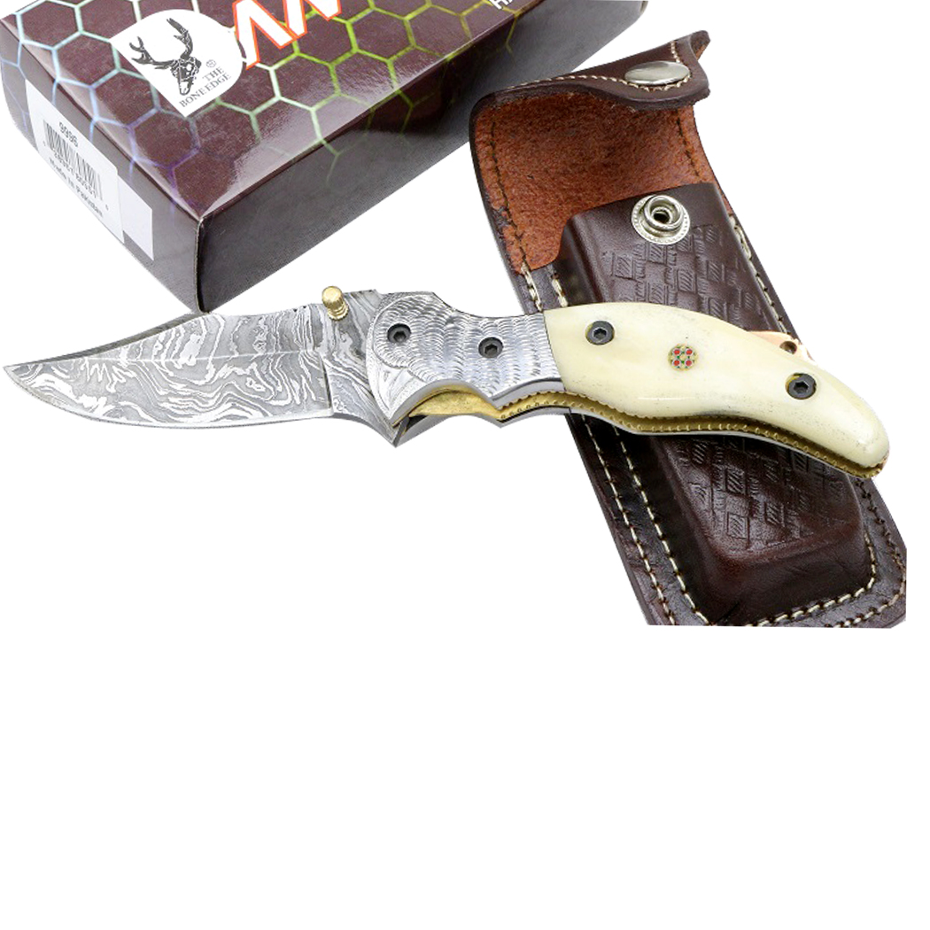 9996 7.5 in. TheBoneEdge Damascus Blade Folding Knife Horn Handle Handmade with Sheath