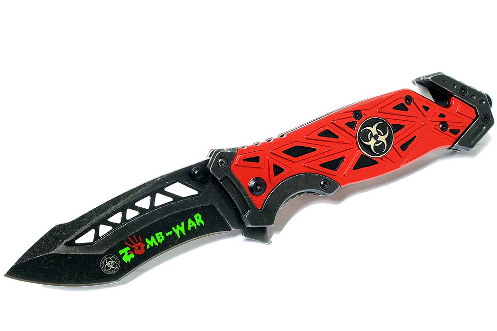 7810 8 in. Huntdown Spring Assisted Zombie War Handle Knife with Clip, Red