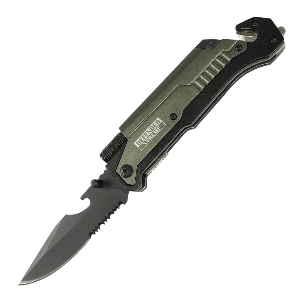 13005 8.5 in. Defender Xtreme Multi Function Folding Knife with Olive Green Handle