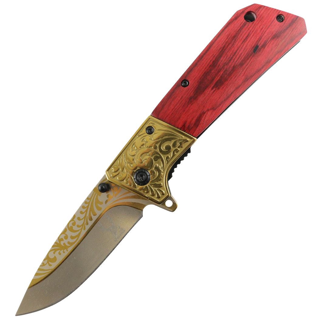 13023 8.5 in. The Bone Edge Rose Wood Handle Spring Assisted Folding Knife - Stainless Steel 3CR13