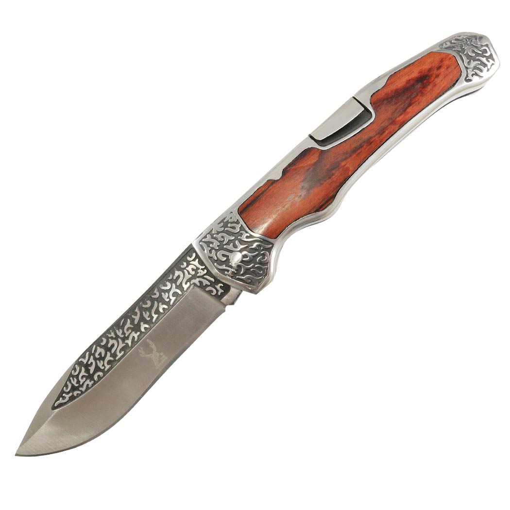 13106 9.25 in. The Bone Edge Series Wood Handle Engraved Design Folding Knife - 3CR13 Steel