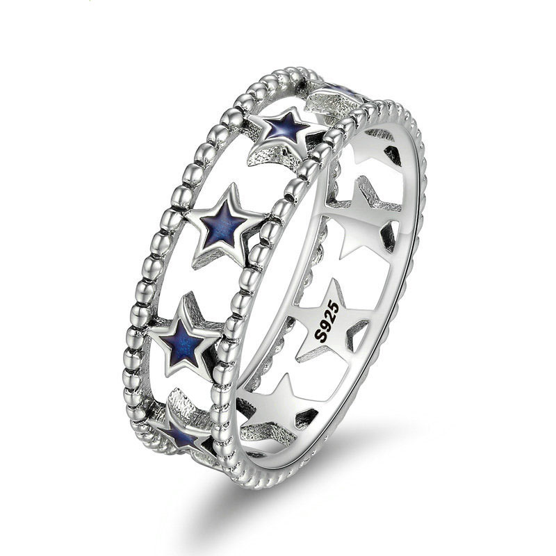 Bme-559906129031 Fashion Blue Epoxy Stars 925 Silver Wide Ring