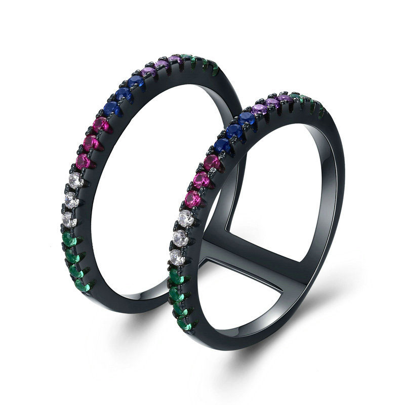 Bme-560793756303 Fashion Colorful Cz Two Circles 925 Silver Black Gold Ring