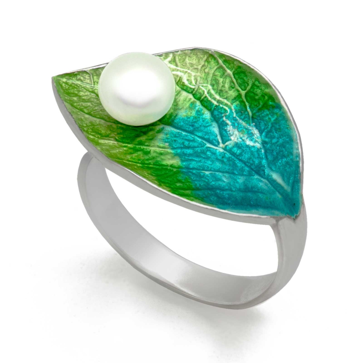 Tkt-524754534822 Green Leaf Handmade Cloisonne Enamel Natural Pearl 925 Silver Adjustable Ring