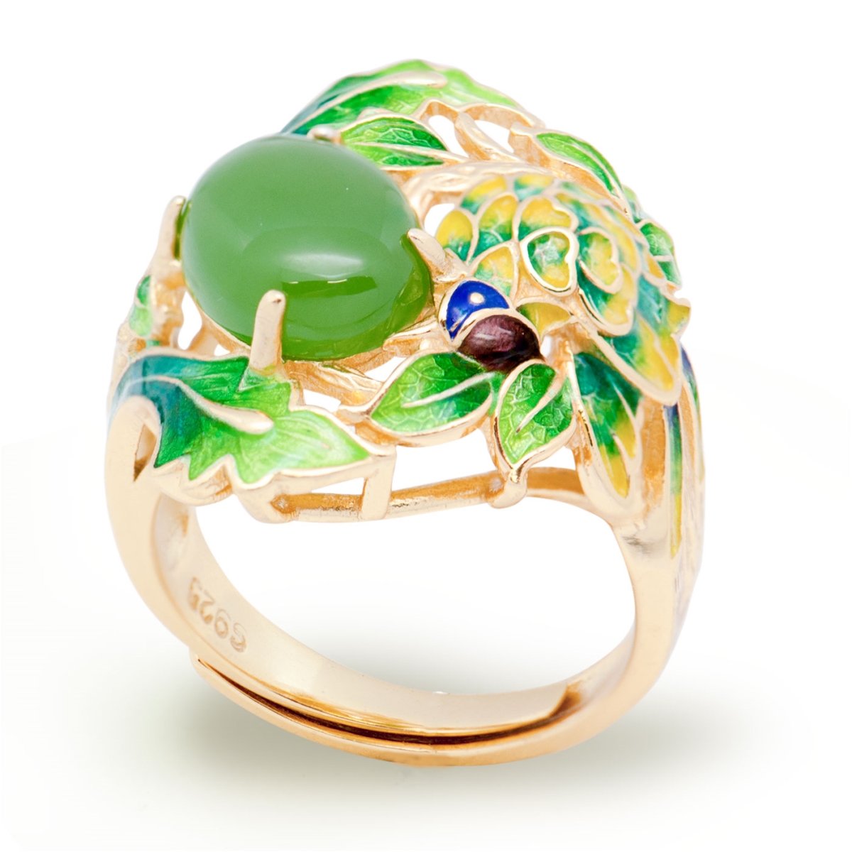Tkt-530884670276 Enamel Green Jasper Flower Leaf 925 Sterling Silver Adjustable Golden Ring