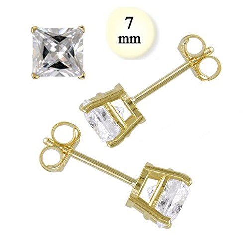 810337mm 14k 4 Ct Yellow Gold Stud Earring With Aprx 7 Mm Each Princess Cut Simulated Diamond
