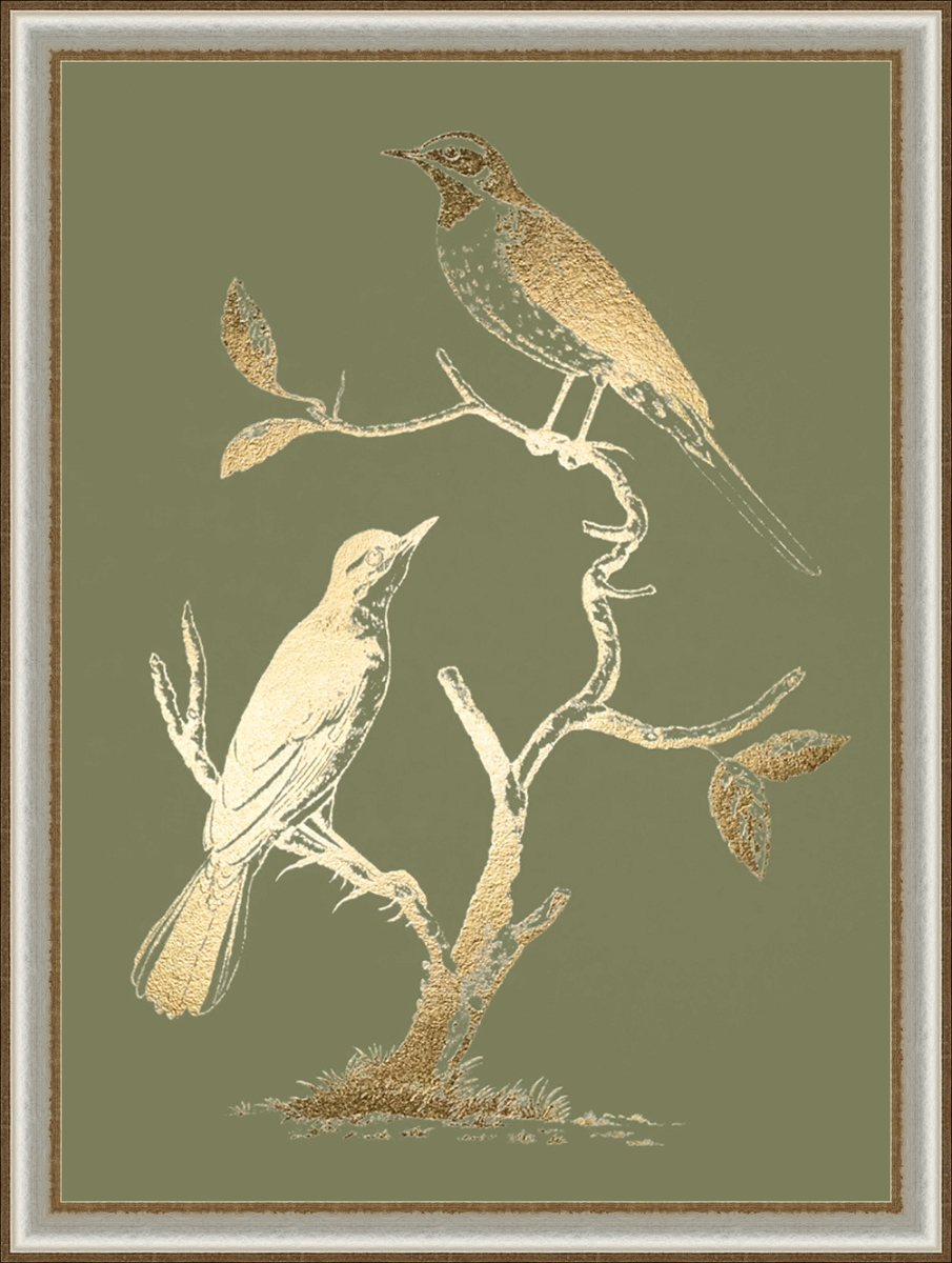 2257 Gold Foil Birds Ii On Mid Green, Framed Textured Fine Art Print