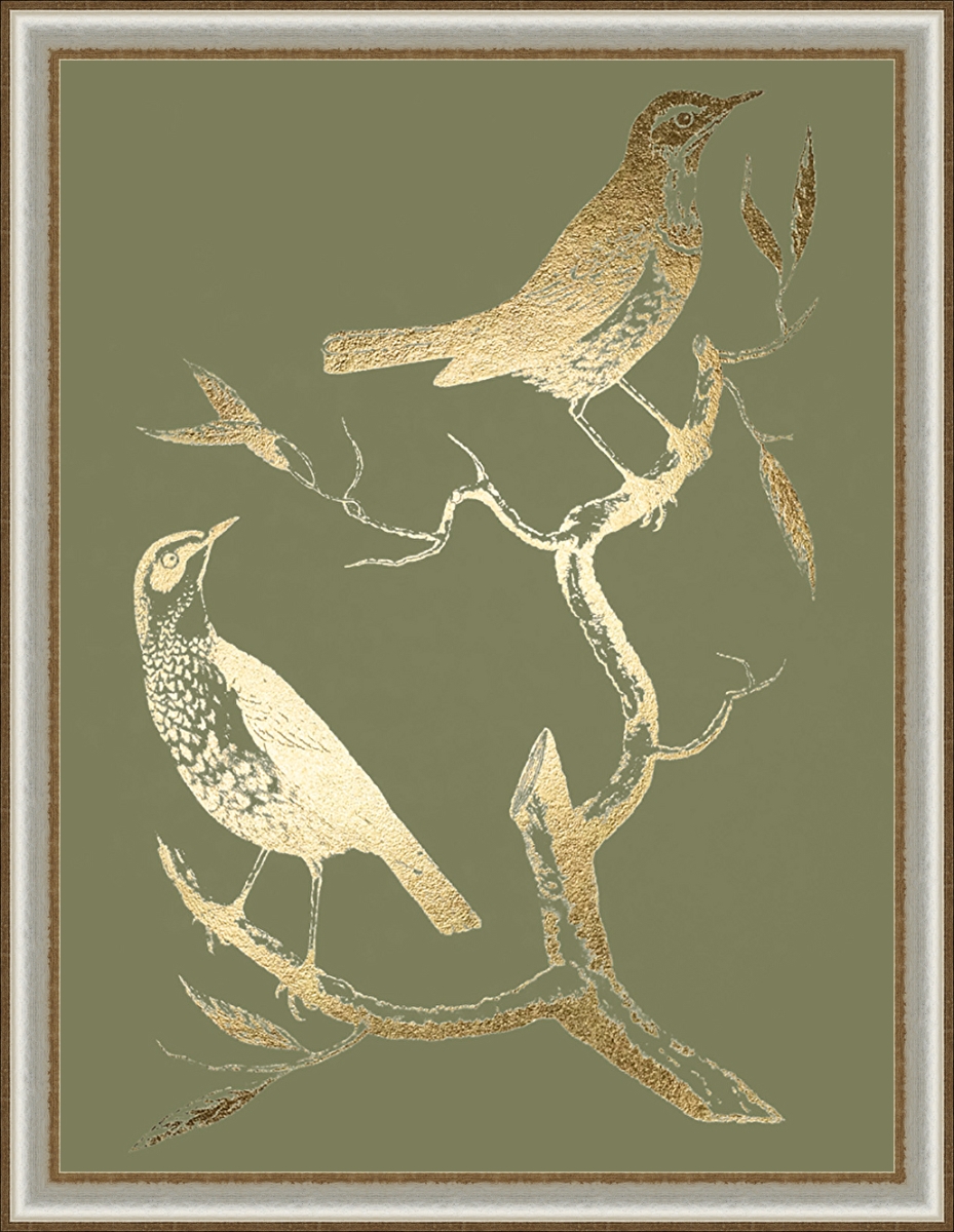2256 Gold Foil Birds I On Mid Green, Framed Textured Fine Art Print