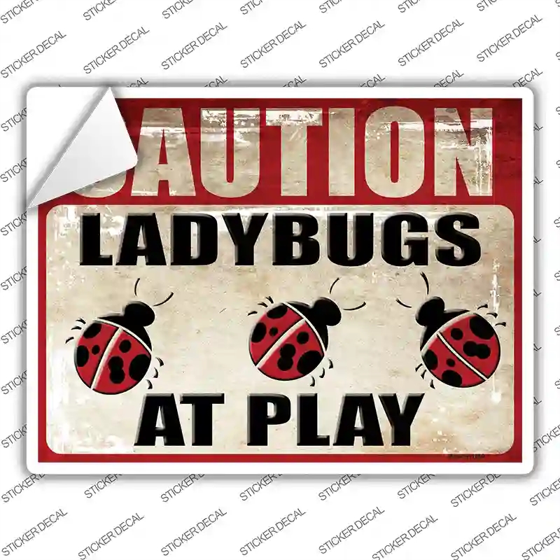 P-1751s-S Caution Lady Bugs At Play Novelty Rectangle Sticker Decal - Small