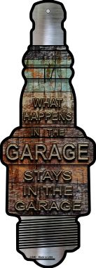 J-046 6 X 17 In. What Happens In The Garage Novelty Metal Spark Plug Sign