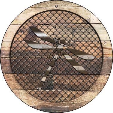 C-1032 Corrugated Dragonfly On Wood Novelty Metal Circular Sign - 1 X 2 In.