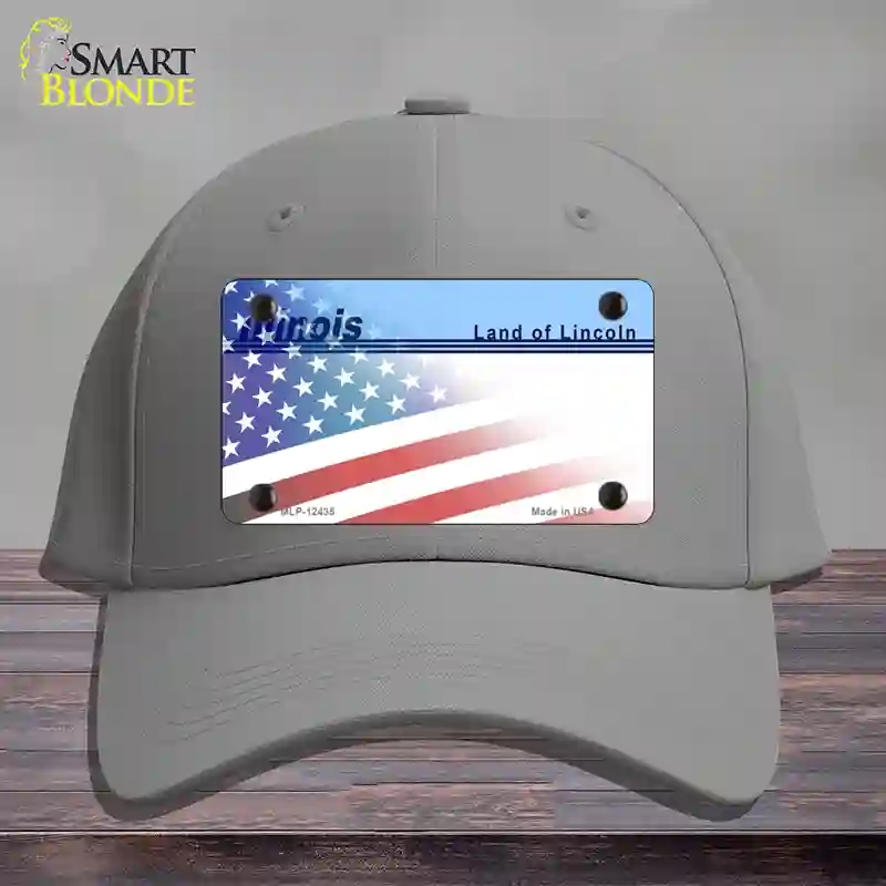 HAT23-MLP-12435 Illinois Lincoln with American Flag Novelty License Plate Hat, Cotton - Gray
