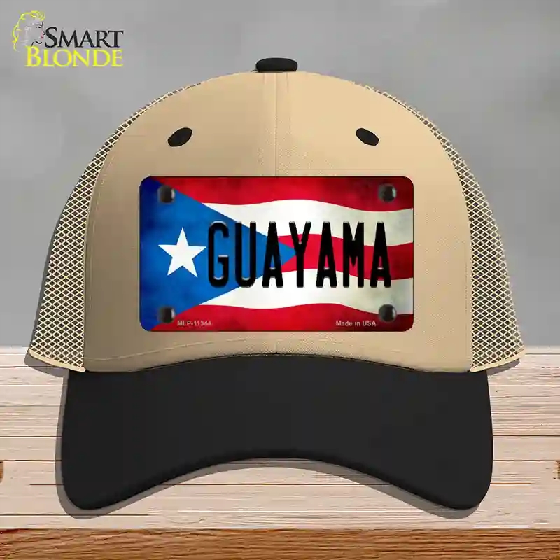 HAT02-MLP-11344 Guayama Puerto Rico Flag Novelty License Plate Hat, Mesh - Khaki & Black
