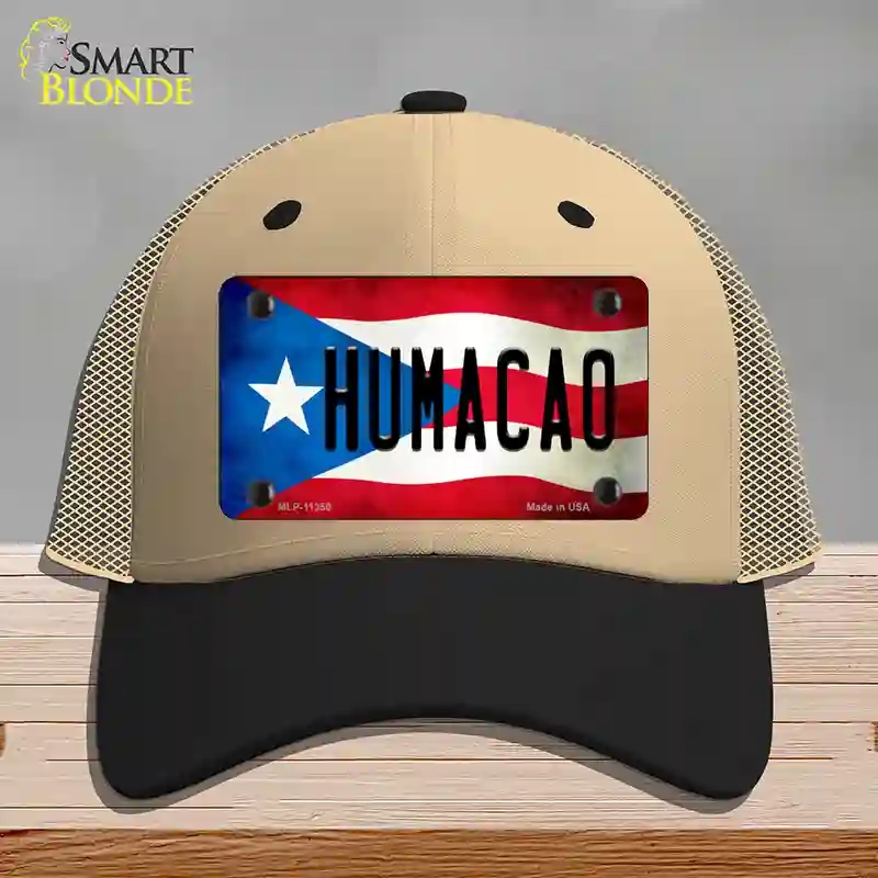 HAT02-MLP-11350 Humacao Puerto Rico Flag Novelty License Plate Hat, Mesh - Khaki & Black