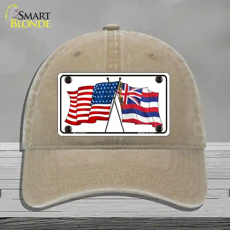 HAT09-MLP-11471 Hawaii Crossed US Flag Novelty License Plate Hat, Unconstructed Cotton - Khaki
