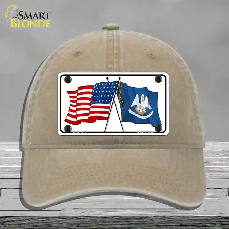 HAT09-MLP-11478 Louisiana Crossed US Flag Novelty License Plate Hat, Unconstructed Cotton - Khaki