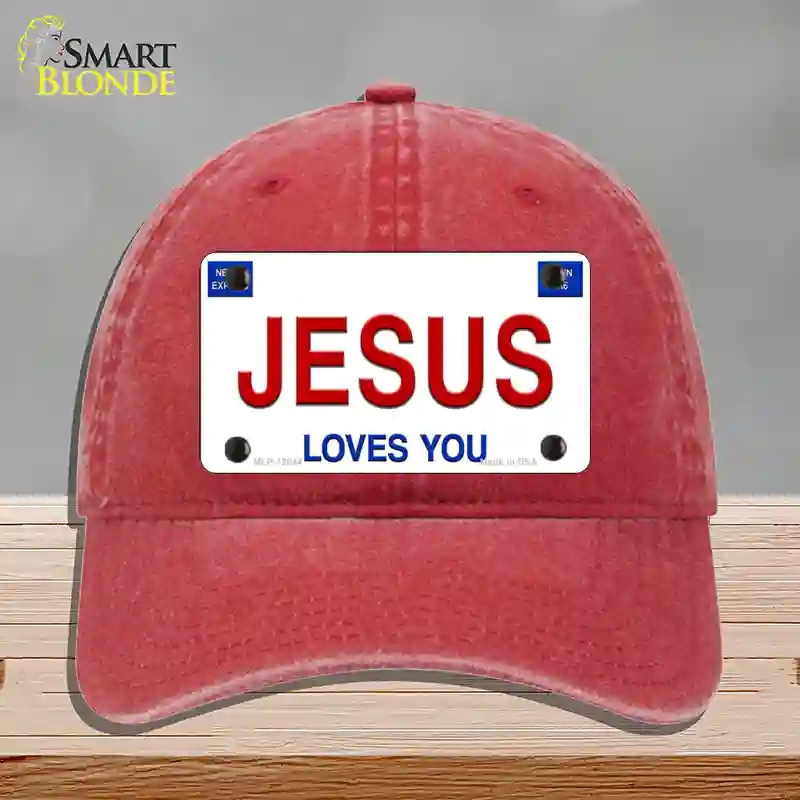 HAT13-MLP-12044 Jesus Loves You Novelty License Plate Hat, Unconstructed Cotton - Red