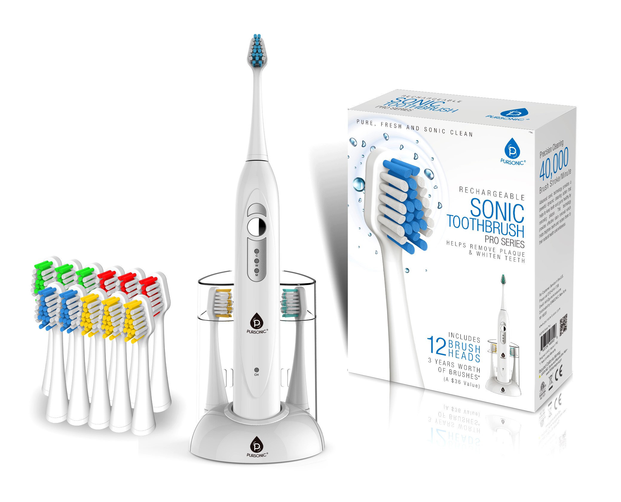 Rechargeable Electric Sonic Toothbrush With 40000 Strokes Per Minute, White