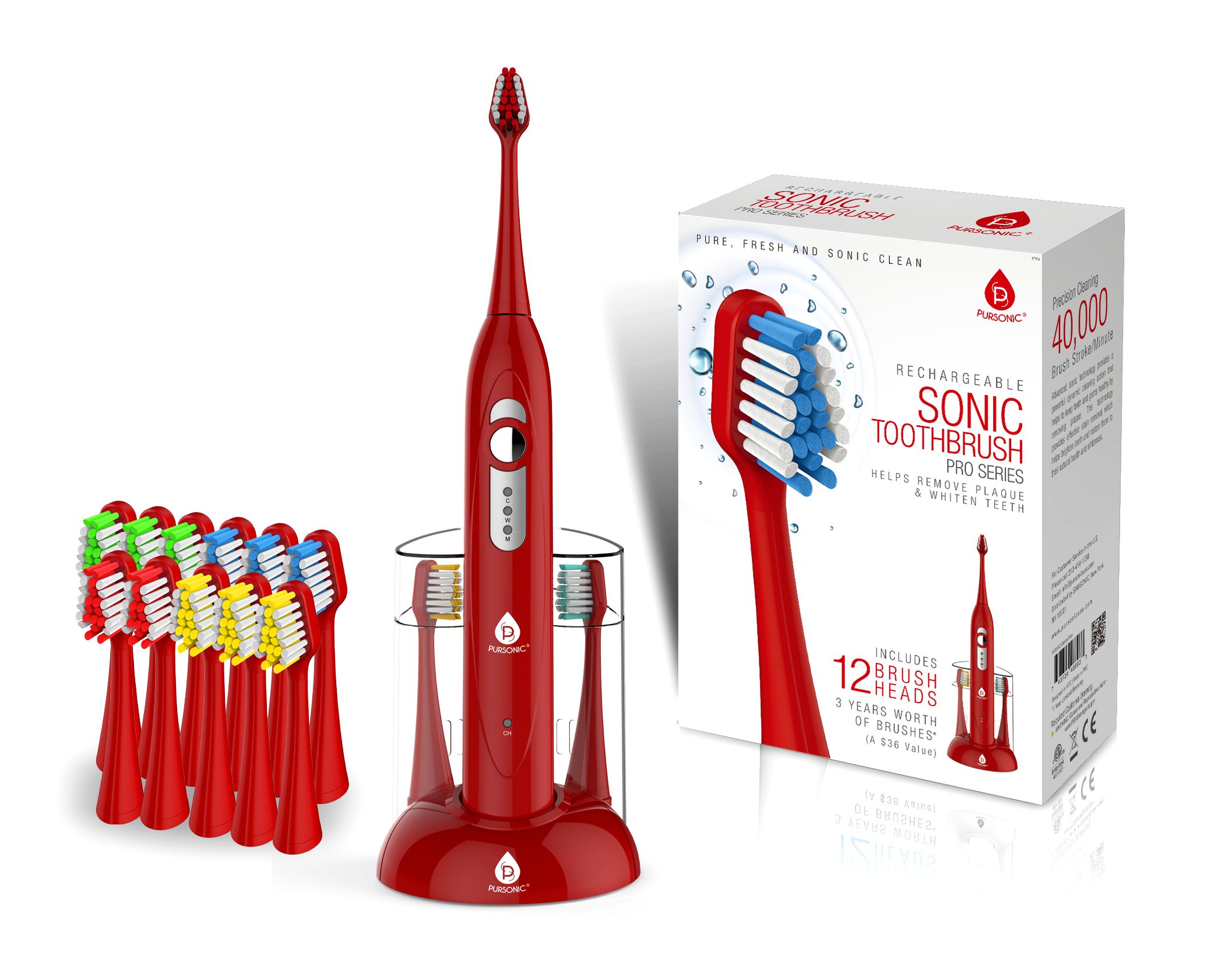 S430rd Pursonic 40k Spm Sonic Movement Rechargeable Electric Toothbrush With Bouns 12 Brusheads, Red