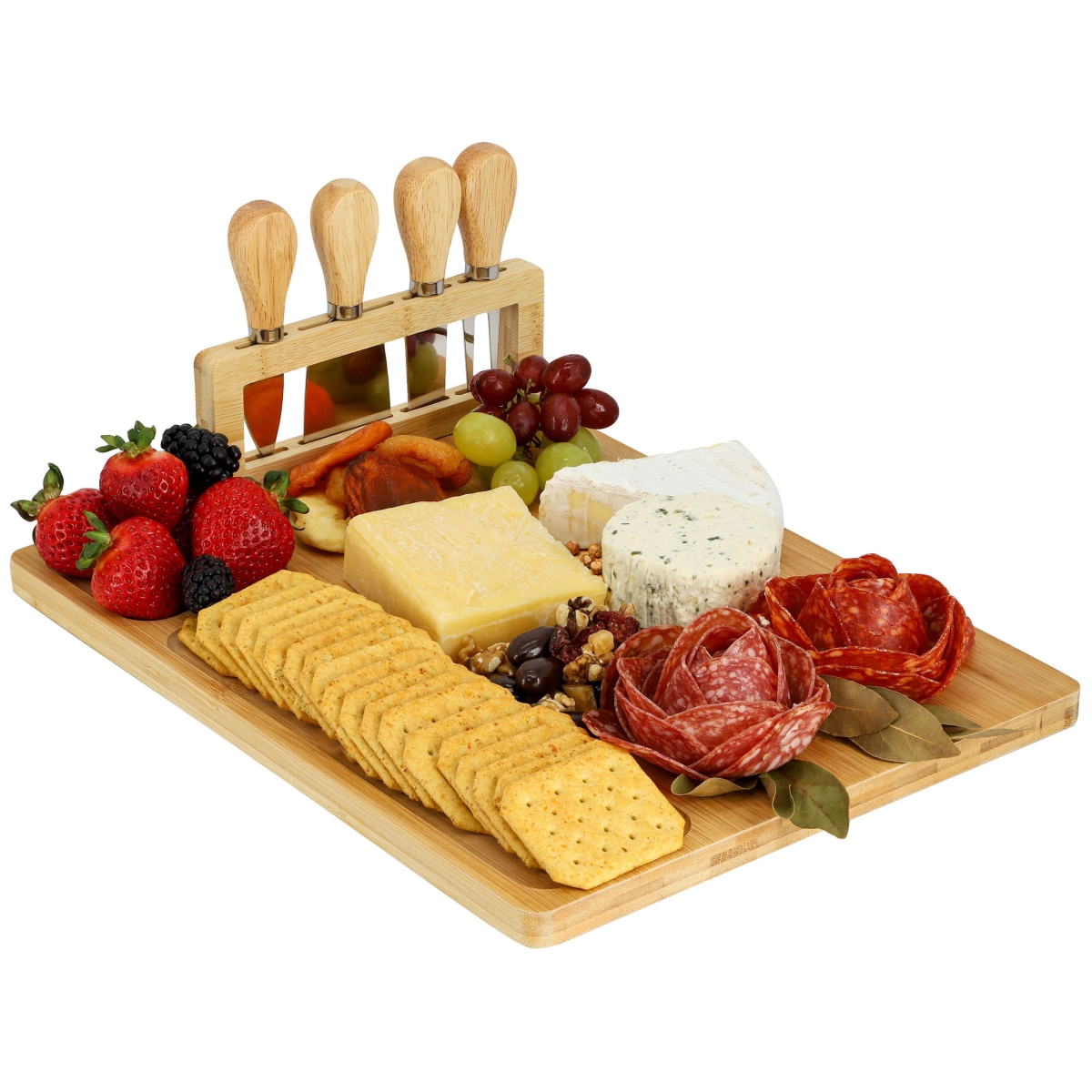 MC-B116 Bamboo Charcuterie and Cheese Board with Knife Stand Attachment and 4 Piece Knife Set