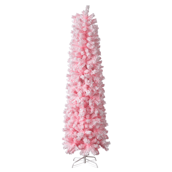 D01027HQIW7 7.5 ft. Snow Flocked Hinged Artificial Pencil Unlit Artificial Christmas Pine Tree with 641 Branch Tips & Sturdy Stand - Pink