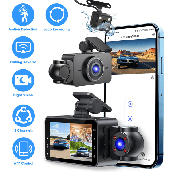D0102X3TE3A 140 Deg 3 Channel Dash Cam for Cars, 1080P Full HD Front Camera with 480P Interior & Rear Cameras