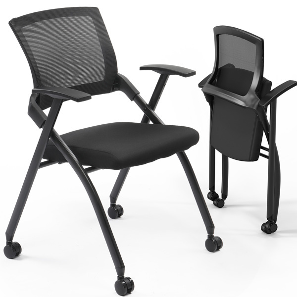 D0102HG3CUG 2 Pack Stackable Conference Room Chairs with Wheels, Folding Office Chair with Rebound Back, Black