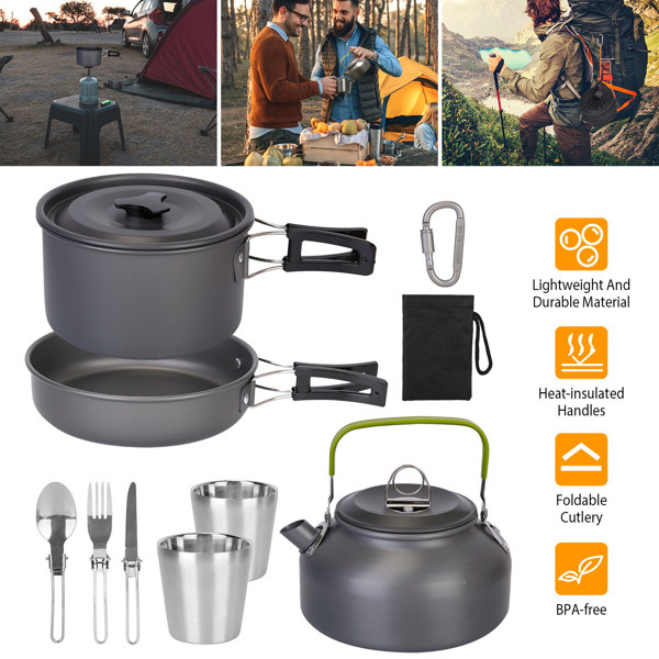 D0102HLHGDV 12 Piece Camping Cookware Set Camping Stove Aluminum Pot Pans Kit for Hiking Picnic Outdoor with Cup Fork Spoon Knife