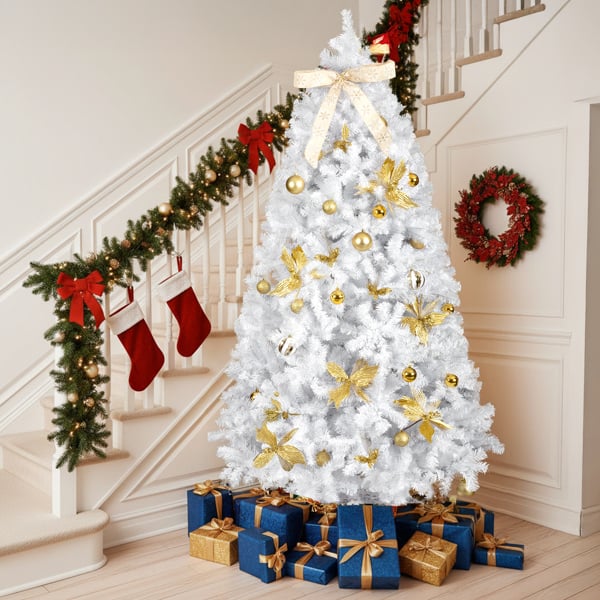 7.5 ft. Artificial Christmas Tree with DIY 400 Warm White LED Lights, Hinged Xmas Pine Tree with Tree Skirt & Holiday Ornaments - White