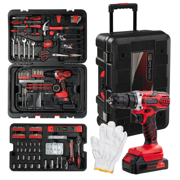 D0102XTWK8A Home Tool Set Kit with Rolling Tool Box - Auto Repair & Mechanic Tool Kit with 21V Max Cordless Power Drill - 599 Piece