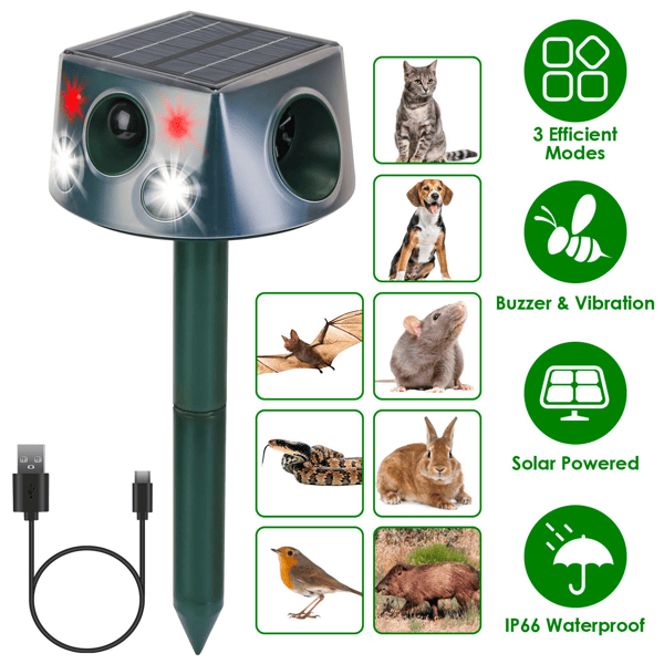 D01027R45VT Solar & Type-C Rechargeable Animal Repeller - 3 Modes Ultrasonic Plus Buzzer Vibration, IP66 Waterproof 2200mAh Battery