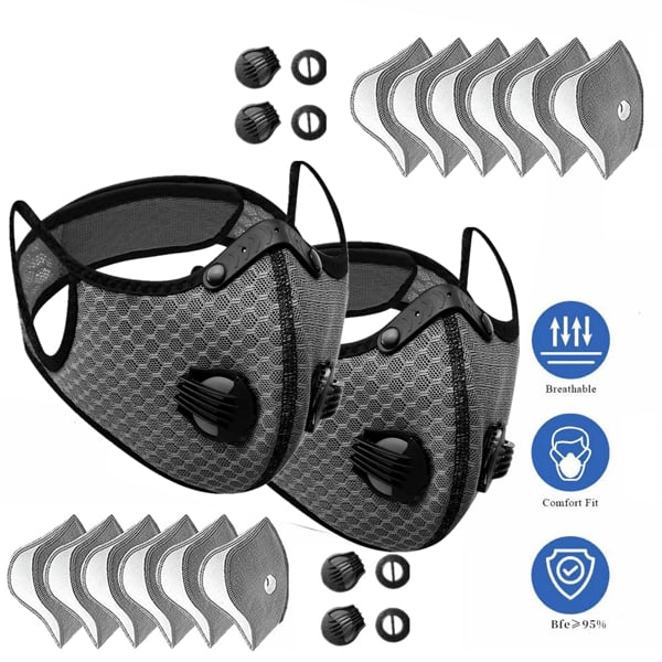 D01027R4HIT Reusable Half Face Cover Mask with Filter Cycling Outdoor Sport - Grey - Pack of 2
