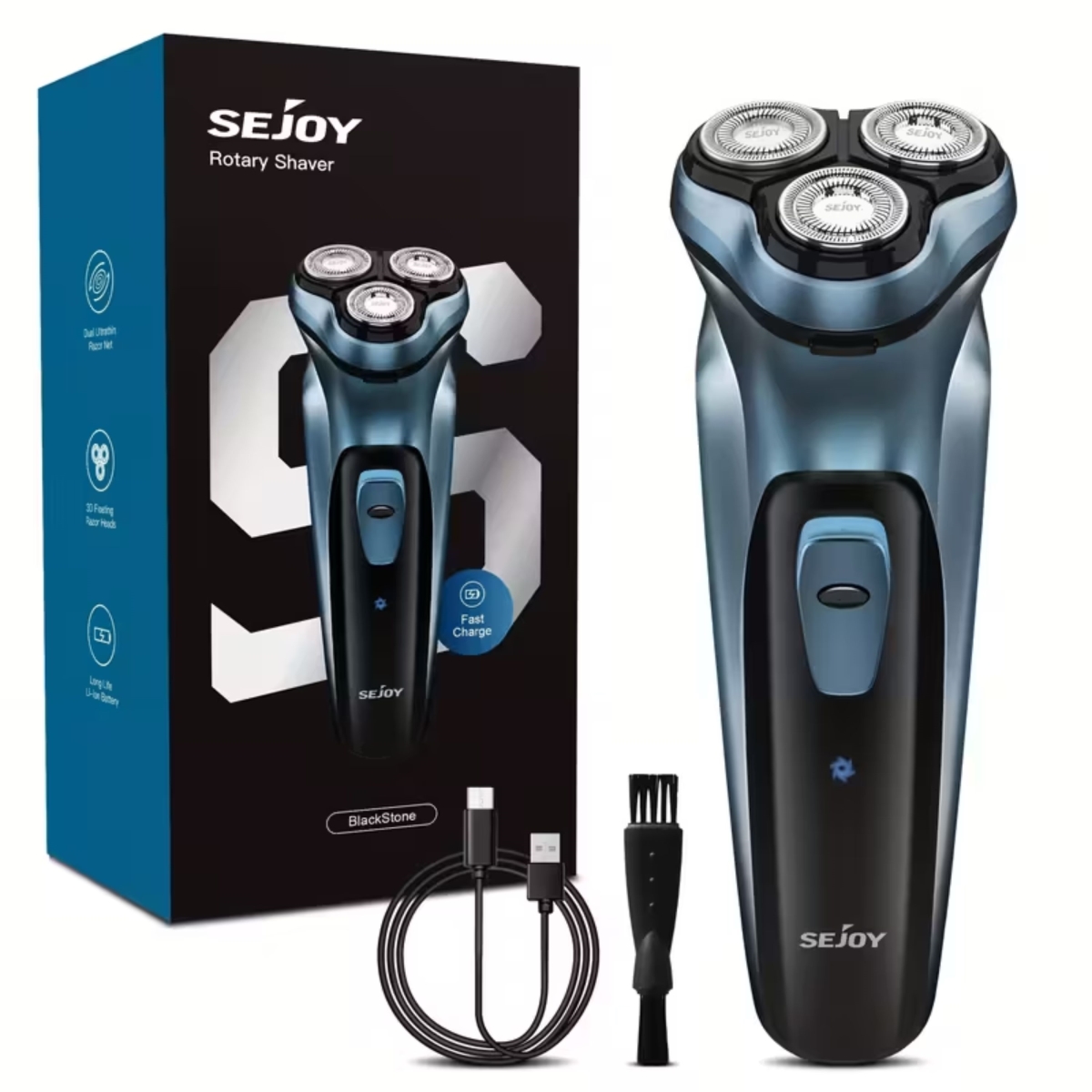 SJY-BB-1009-BLU Electric Shaver with Pop-Up Trimmer 3D Floating Head, Fast 1H Rechargeable Razor, LCD Display - Blue