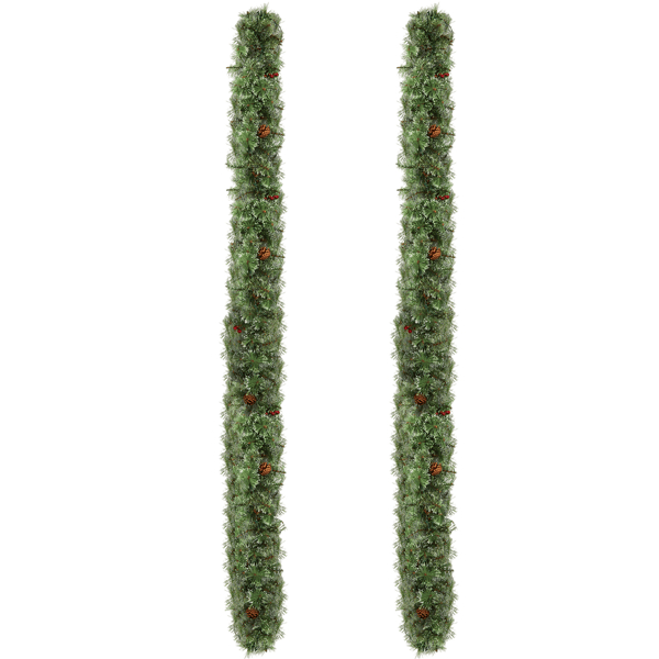 D01027HGVEG 9 ft. Pre-lit Snow Flocked Lighted Artificial Christmas Garland with 200 Warm Lights & 440 Tips & Red Berries - Snowy Green - Pack of 2