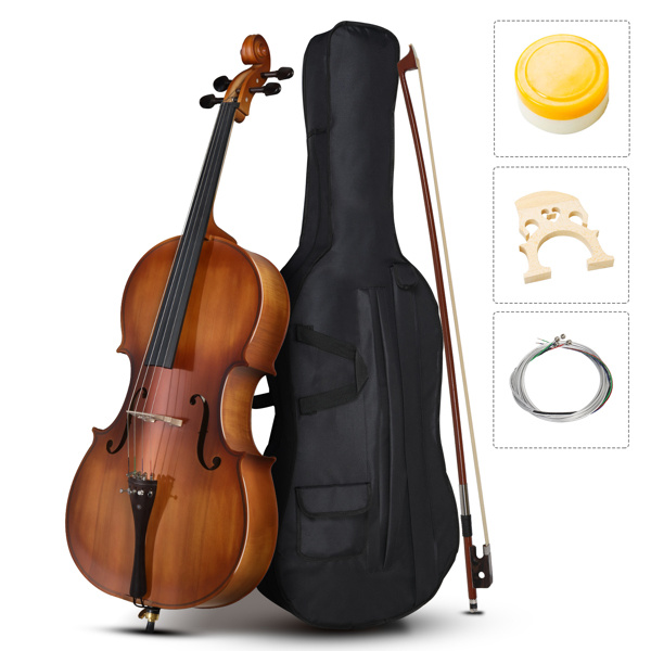 D0102HQEKR7 Full Side 4-4 Size Matte Natural Spruce Panel Cello Set with Bag Bow Rosin Bridge Strings