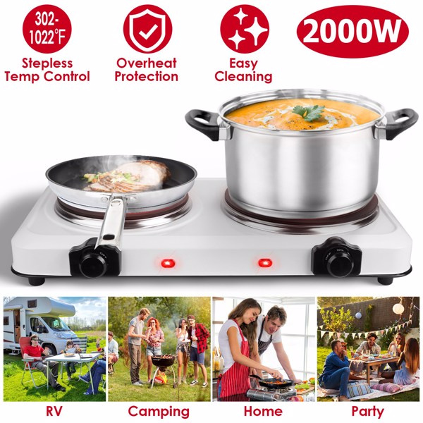 D0102X39Q7V Electric 2-Burner Hot Plate Cooktop - 2000W Portable Countertop Stove with Glass Surface & Stepless Temperature Control