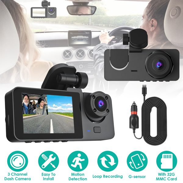 D0102X39QGW 3-Channel Dash Cam Front Inside Rear Vehicle Driving Recorder Car DVR with 32GB Memory Card
