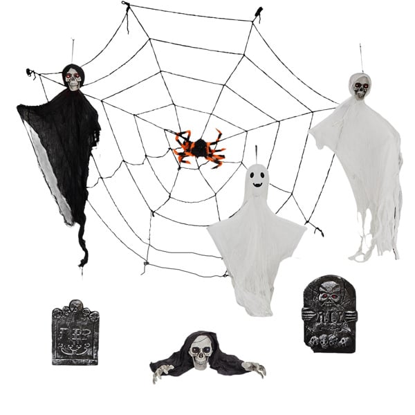 D0102X3BJBV Outdoor Halloween Decorations Set - Hanging Ghosts, Cobweb & Gravestone Decor with Lighted Eyes, 8 Piece