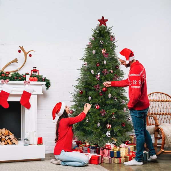7.5 ft. Artificial Christmas Tree with DIY 400 Warm White LED Lights, Hinged Xmas Pine Tree with Tree Skirt & Holiday Ornaments - Green & Red