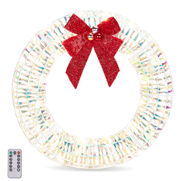 D0102X3K7BG 24 in. Pre-lit Iridescent Outdoor Christmas Wreath Decoration, Lighted Metal Wreath with Red Bow, Warm White LED Lights