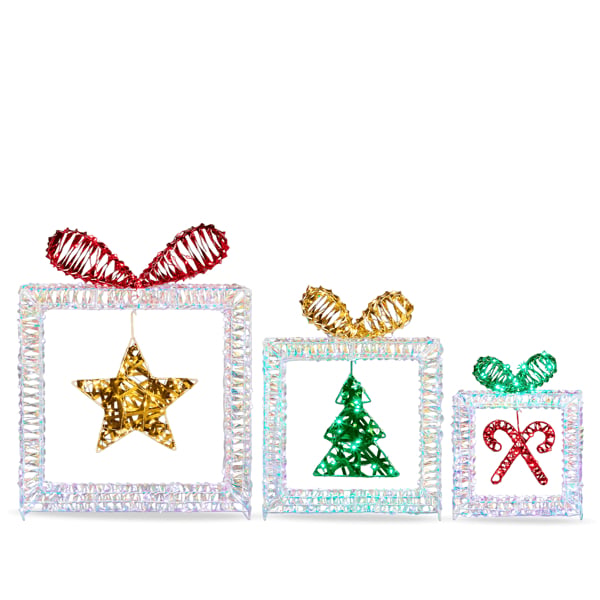 D0102X3K7BU Lighted Iridescent Cut-Out Gift Box Christmas Decorations, Pre-lit Holiday Decor with 357 White LED Lights - Set of 3