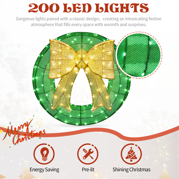 D0102X3K7CW 24 in. Pre-lit Outdoor Christmas Wreath Decoration, Lighted Metal Wreath with Golden Bow, Green & Warm White LED Lights
