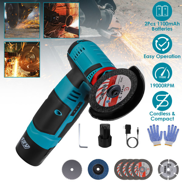 D0102X3KR27 Cordless Mini Angle Grinder - 2 x 12V 1100 mAh Batteries, 19000RPM Motor, Air Vents for Heat Dissipation