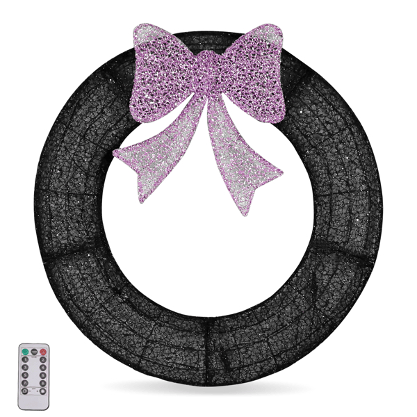 D0102X3829A 36 in. Pre-lit Outdoor Christmas Wreath Decoration, Lighted Metal Wreath with Purple Bow Remote Control LED Lights