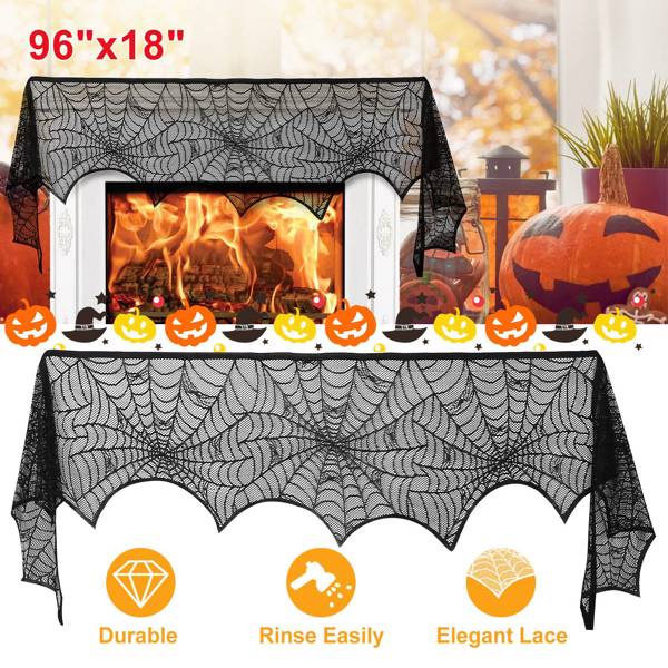 D0102X38GFY 96 x 18 in. Halloween Mantle Scarf - Black Lace with Spider Web, Spider & Bat Design, Soft Anti-Crease Fabric - 2 Piece