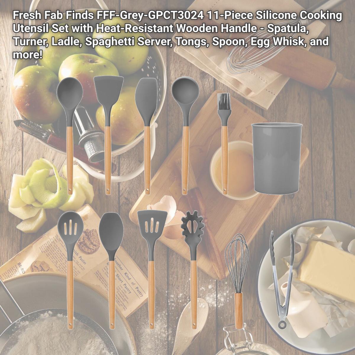 Picture of Fresh Fab Finds FFF-Grey-GPCT3024 11-Piece Silicone Cooking Utensil Set with Heat-Resistant Wooden Handle - Spatula, Turner, Ladle, Spaghetti Server, Tongs, Spoon, Egg Whisk, and more!